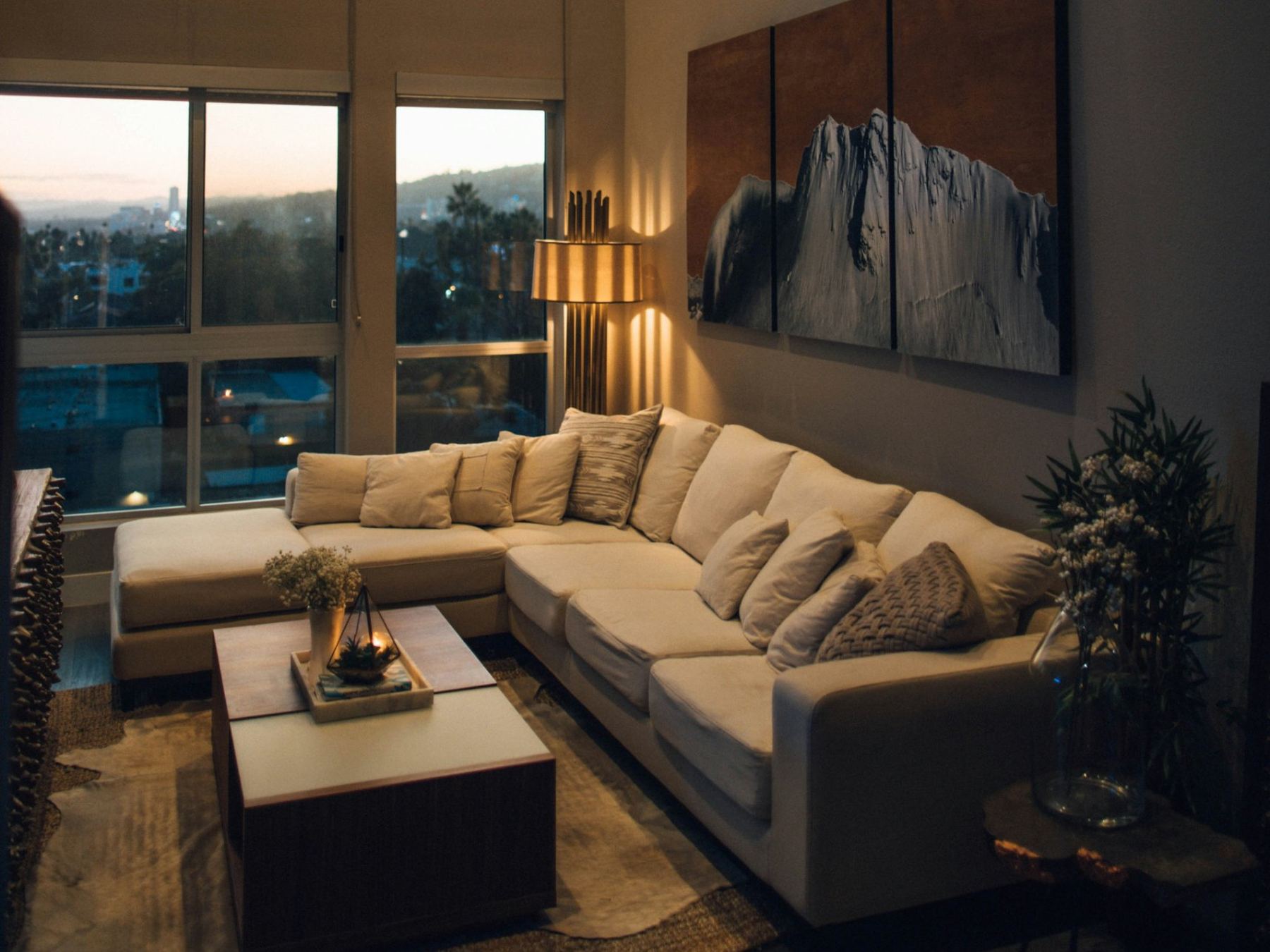 Two-story living room at dusk